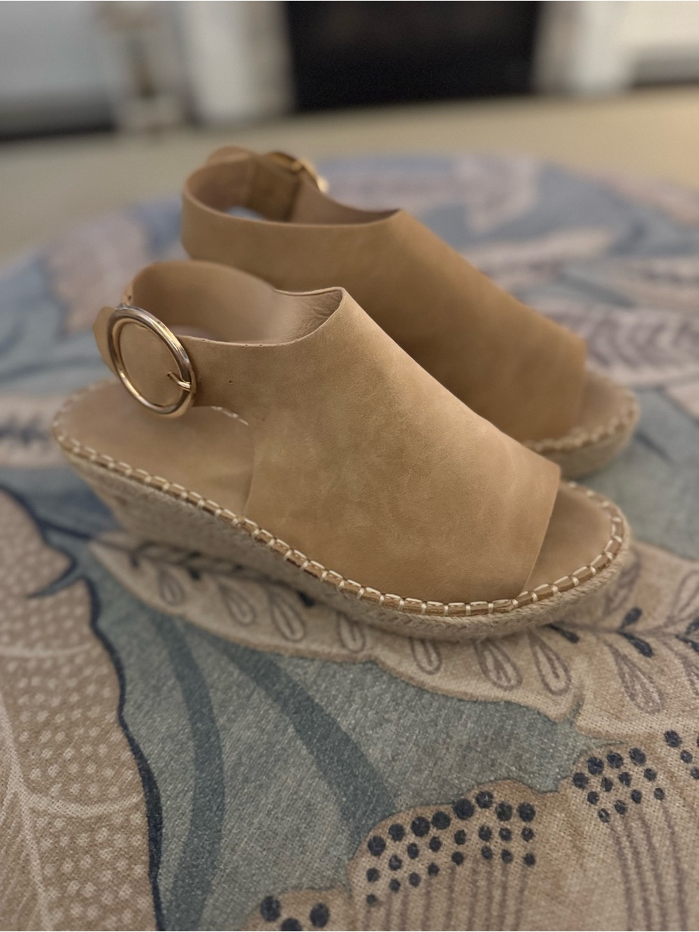 ❤️ Catherines Tan Espadrille Wedge Sandals with Gold Ring Accent